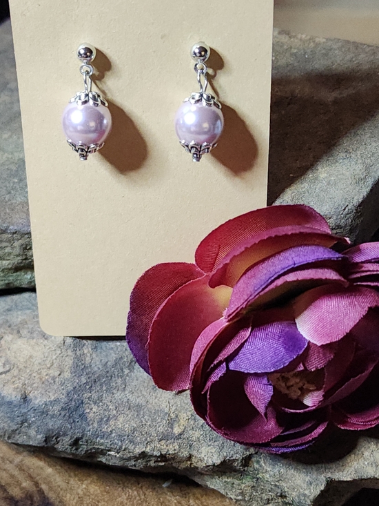 Hand Crafted Jewelry - Hand Crafted Pink Pearl Drop Earrings with Silver Toned Accents
